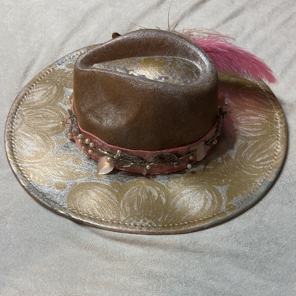 Hand Painted Boho Glam Festive Hat • Feather• Rhinestone • Butterfly • Floral - Picture 7 of 11